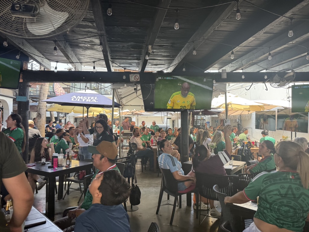 Picture of crowded restaurant during World Cup in La Paz, Mexico. 